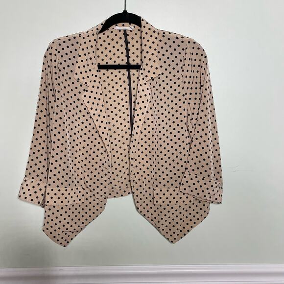 Lush Blazer Jacket Polka Dot 3/4 Sleeve Open Front Tan Black M Office Siren Corp - Picture 3 of 12